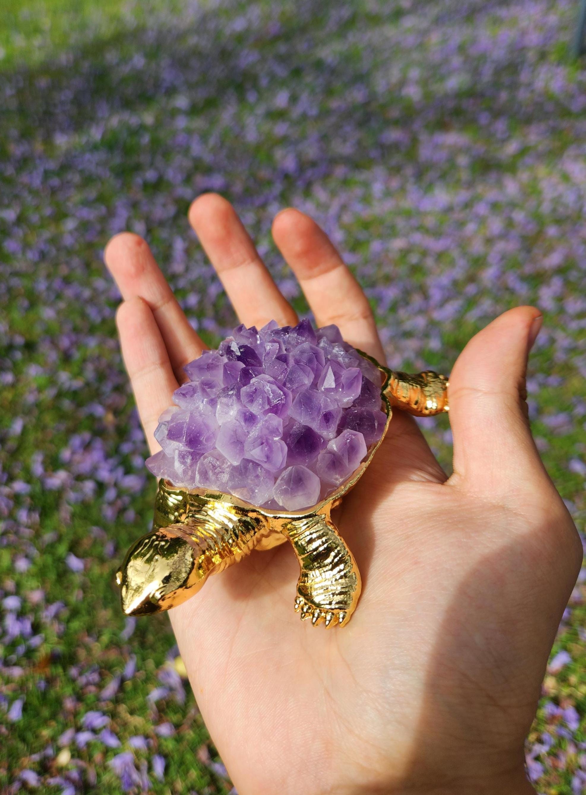 Amethyst Crystal Turtle – Gold Figurine, Healing Stone Decor