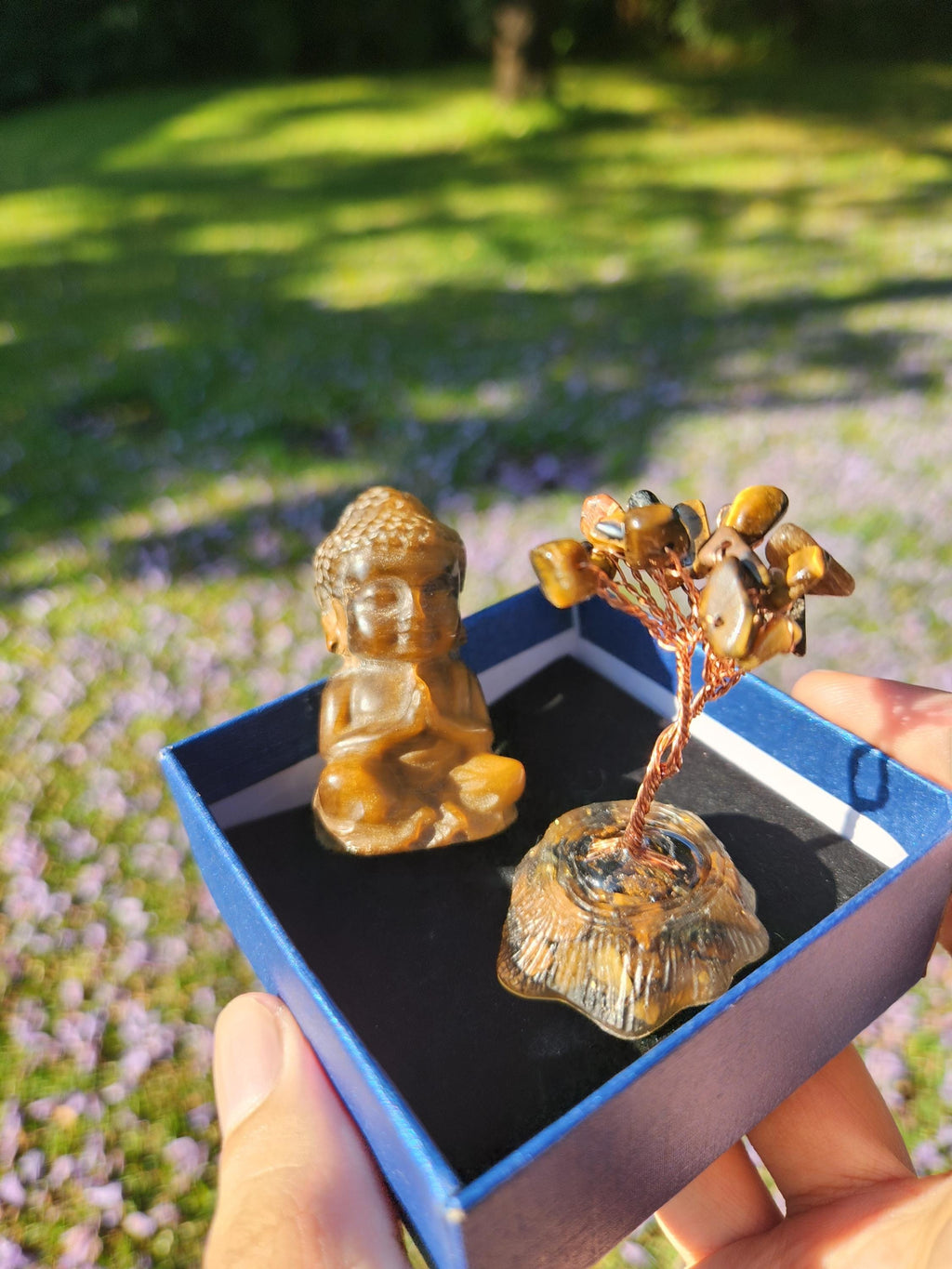Tiger’s Eye Buddha & Bodhi Tree Set — Spiritual Meditation Decor, Protection, Grounding Stones