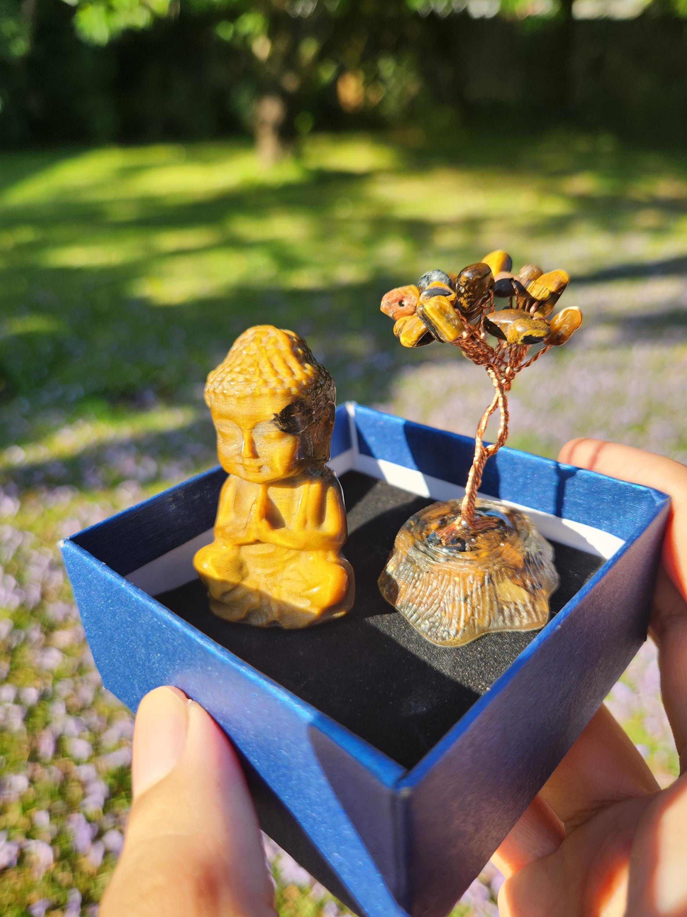 Tiger’s Eye Buddha & Bodhi Tree Set — Spiritual Meditation Decor, Protection, Grounding Stones