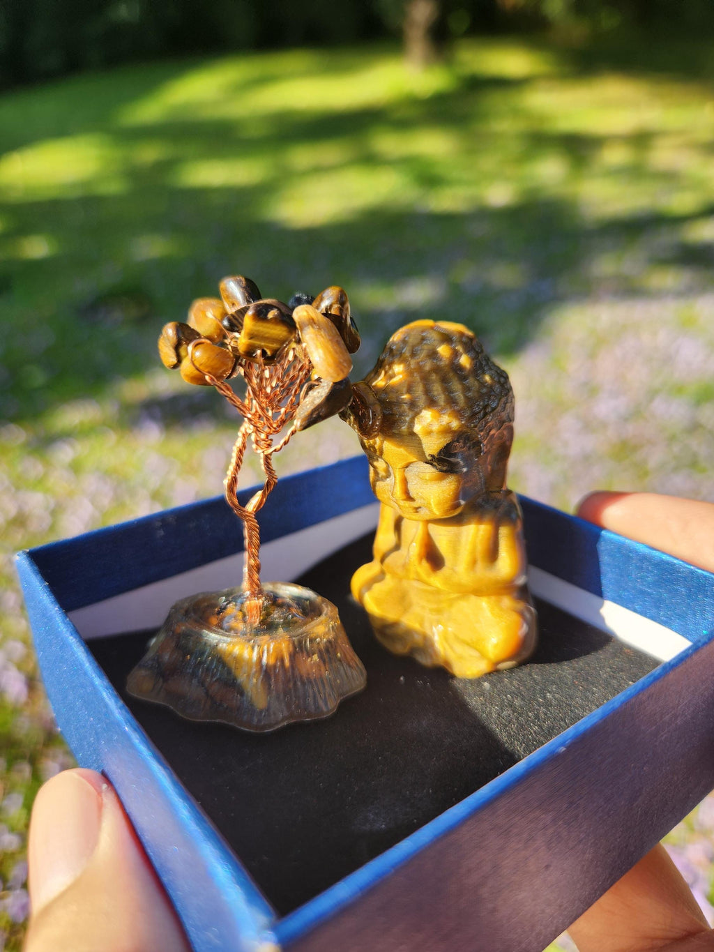 Tiger’s Eye Buddha & Bodhi Tree Set — Spiritual Meditation Decor, Protection, Grounding Stones