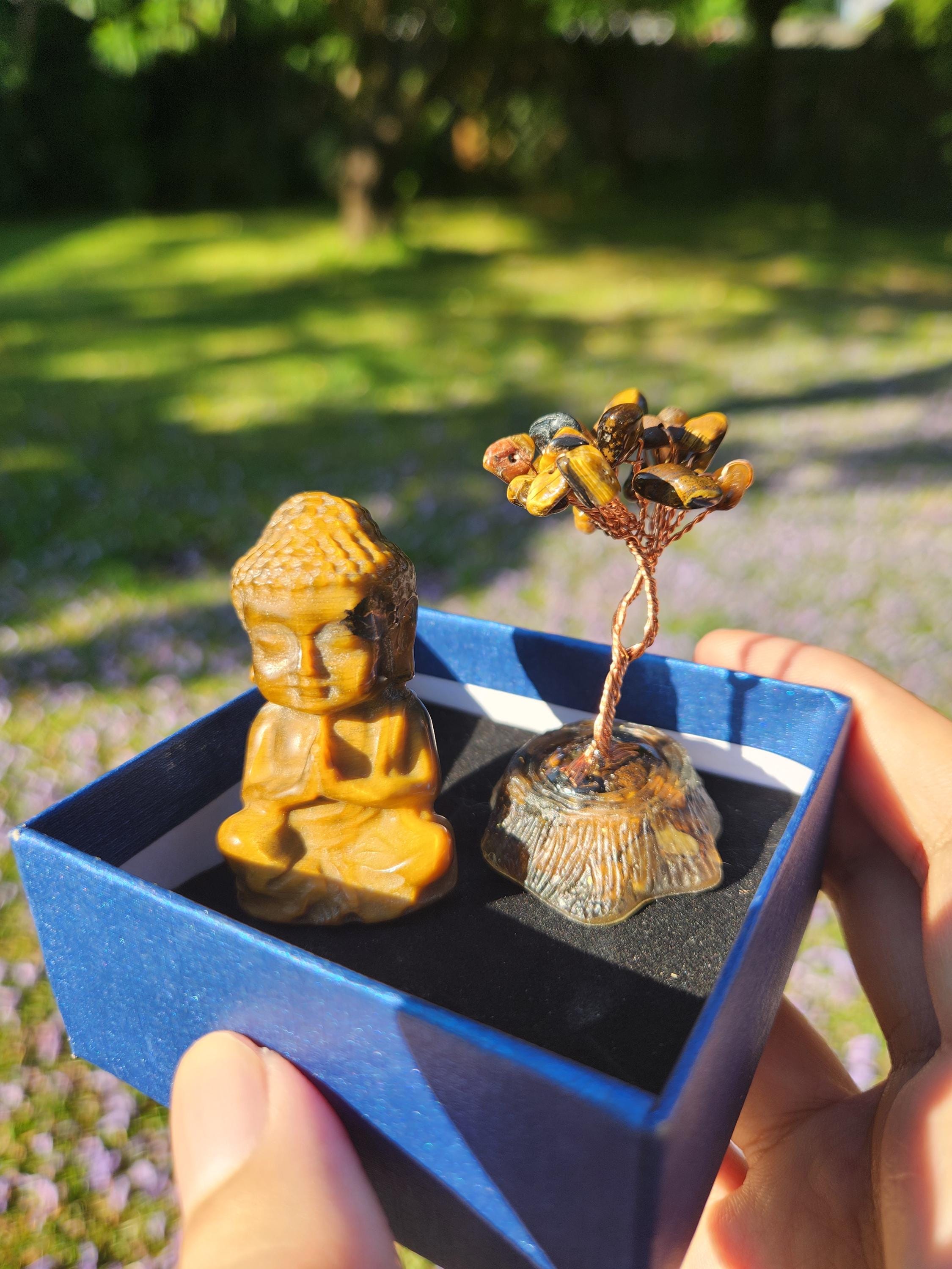 Tiger’s Eye Buddha & Bodhi Tree Set — Spiritual Meditation Decor, Protection, Grounding Stones