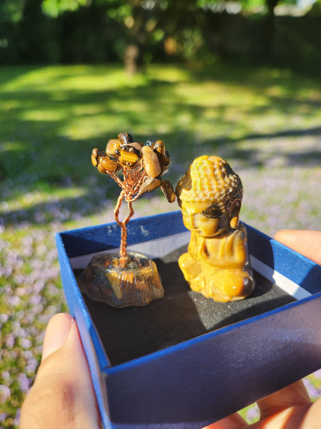 Tiger’s Eye Buddha & Bodhi Tree Set — Spiritual Meditation Decor, Protection, Grounding Stones