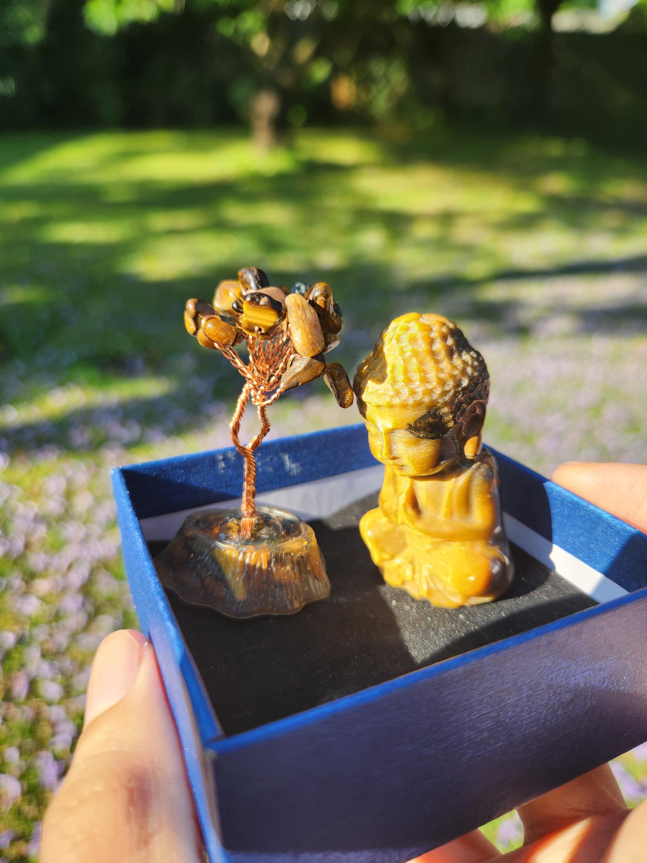 Tiger’s Eye Buddha & Bodhi Tree Set — Spiritual Meditation Decor, Protection, Grounding Stones