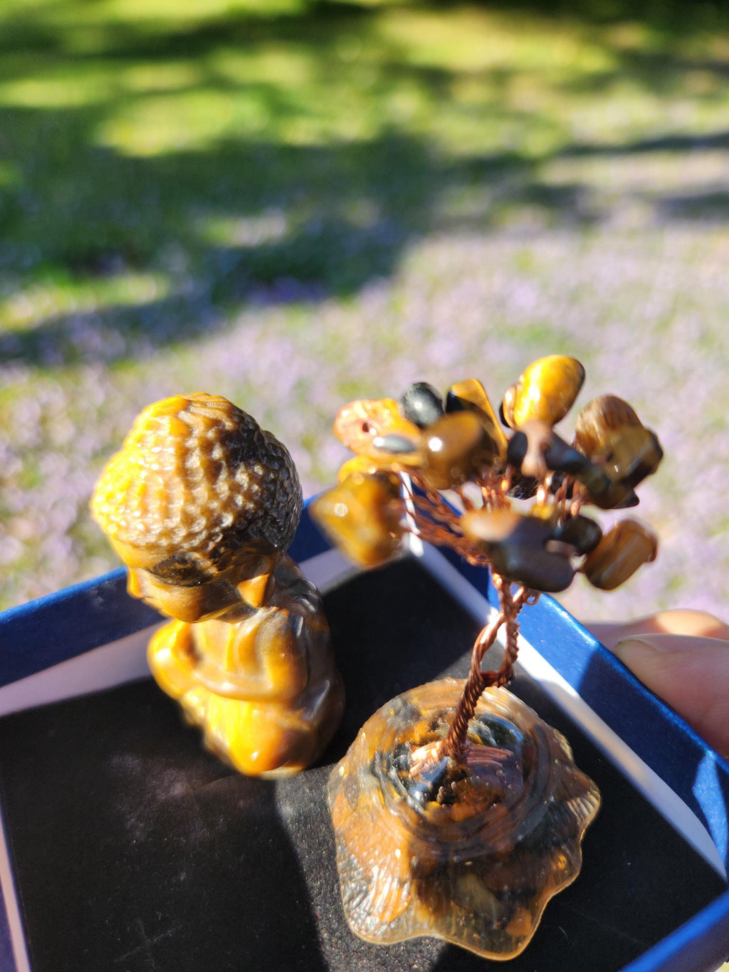 Tiger’s Eye Buddha & Bodhi Tree Set — Spiritual Meditation Decor, Protection, Grounding Stones