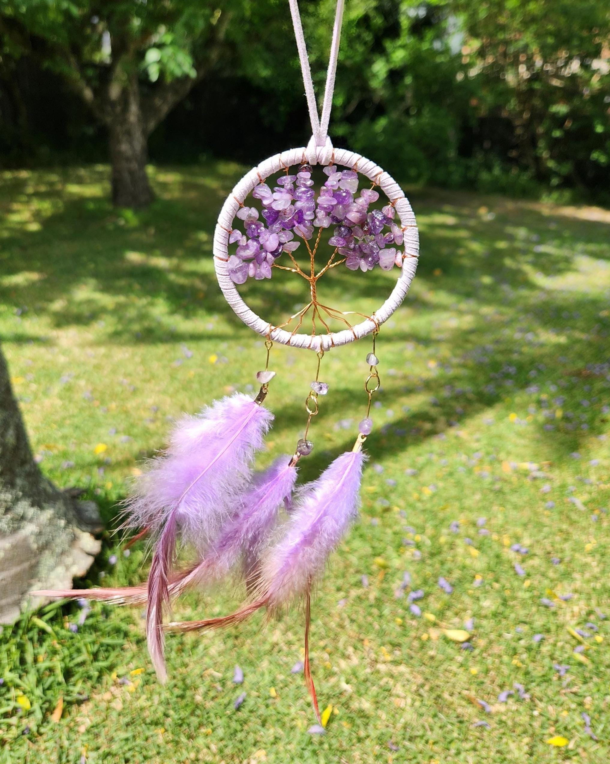 Amethyst Tree Dreamcatcher — Handmade Purple Gemstone Tree of Life Wall Hanging, Spiritual Protection, Healing Crystal Decor