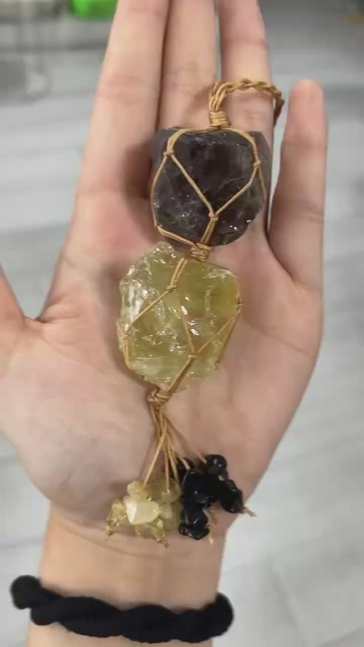 Golden Flow Charm – Raw Citrine and Smoky Quartz Crystal Knot