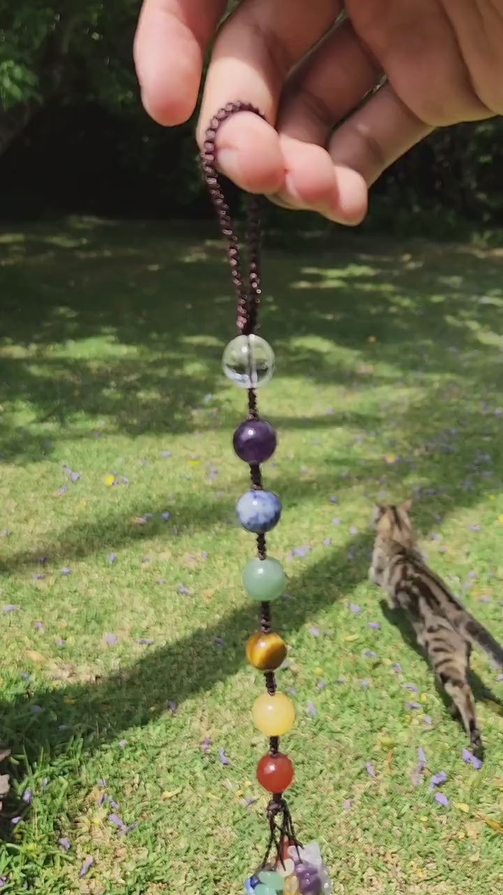 7-Chakra Raw Crystal Hanging Decor, Round Stones, Meditation Decor, Natural Healing Stones, Reiki Healing Crystals Car Window Hanger