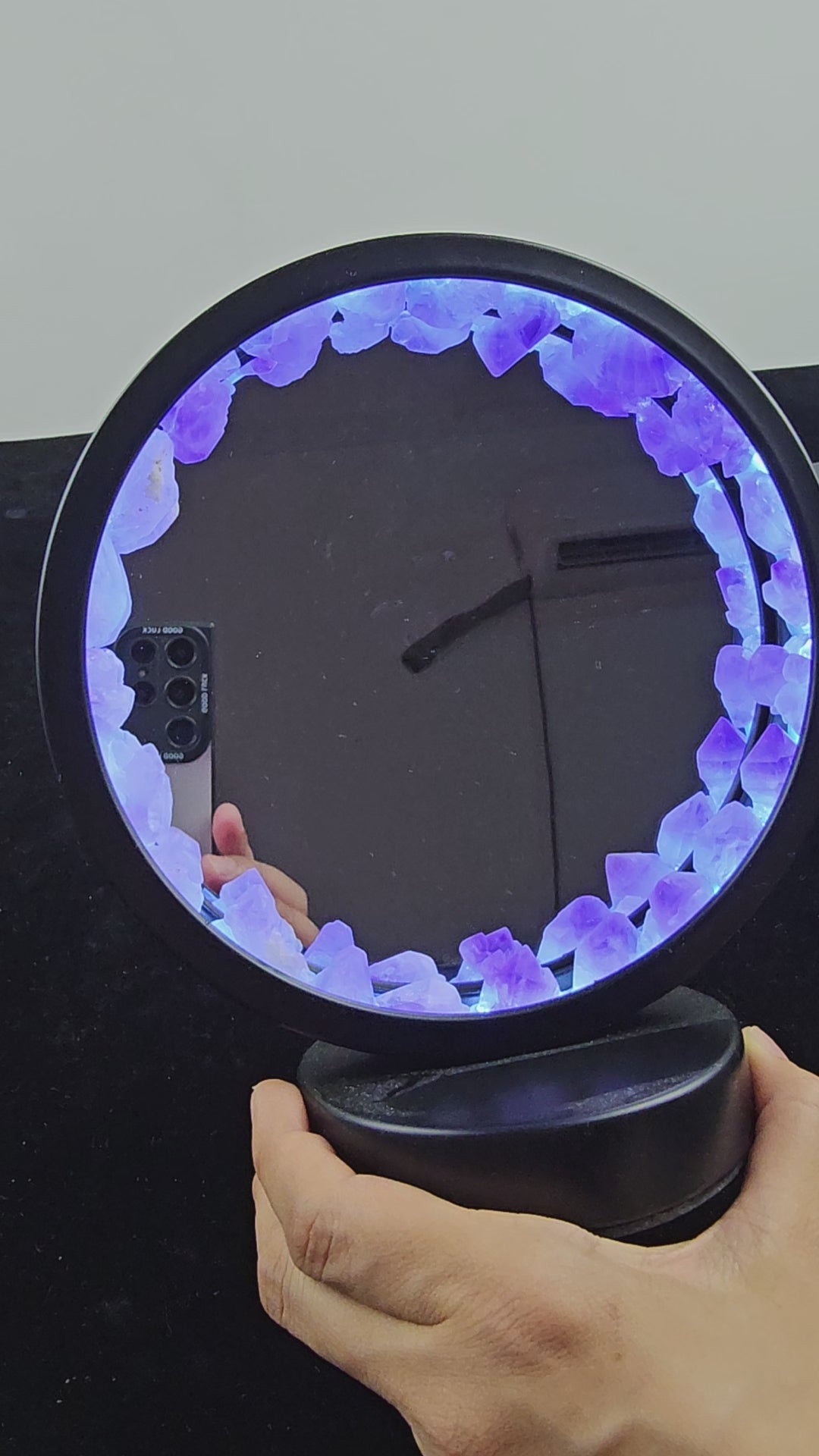 Amethyst Crystal Light Mirror with Purple Gemstone Stand