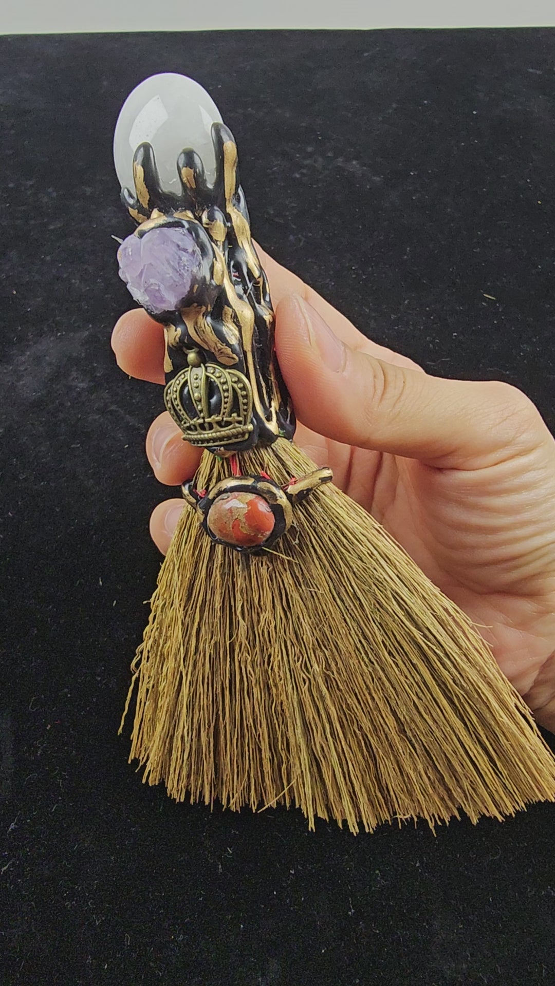 Cute Chakra  Crystal Broom – Amethyst, Clear Quartz &amp; Red Jasper for Adorable Chakra Cleansing