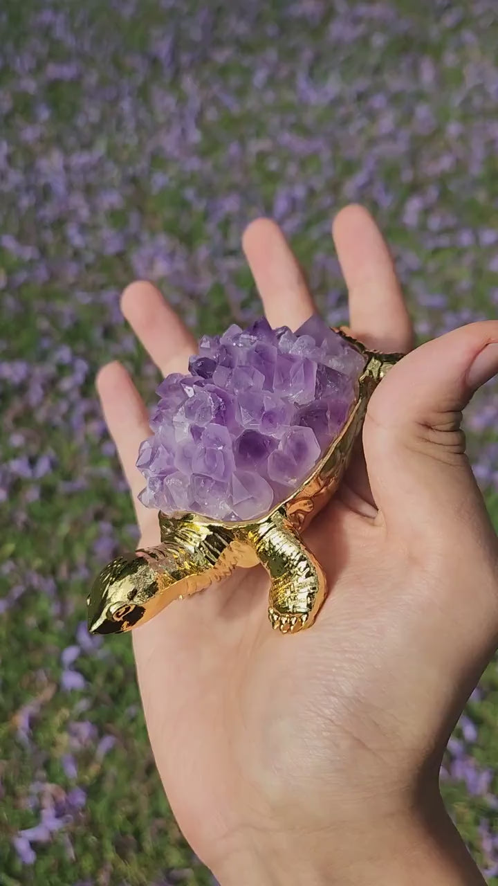 Amethyst Crystal Turtle – Gold Figurine, Healing Stone Decor
