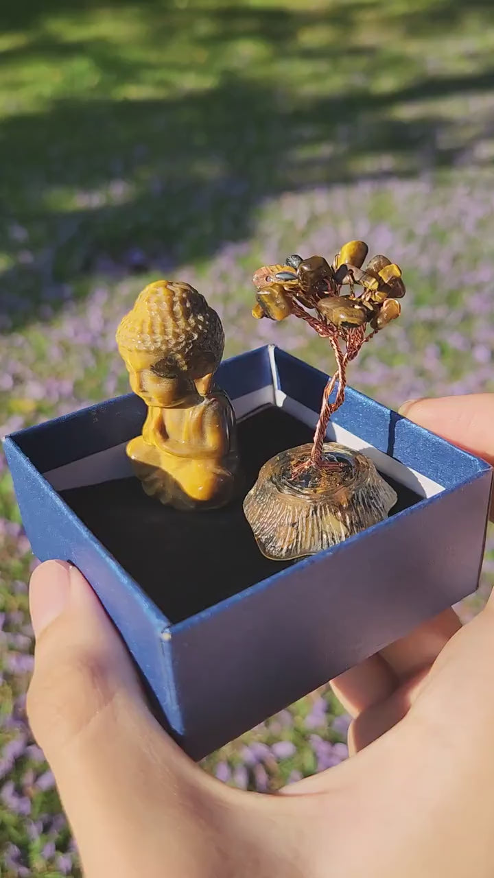 Tiger’s Eye Buddha & Bodhi Tree Set — Spiritual Meditation Decor, Protection, Grounding Stones