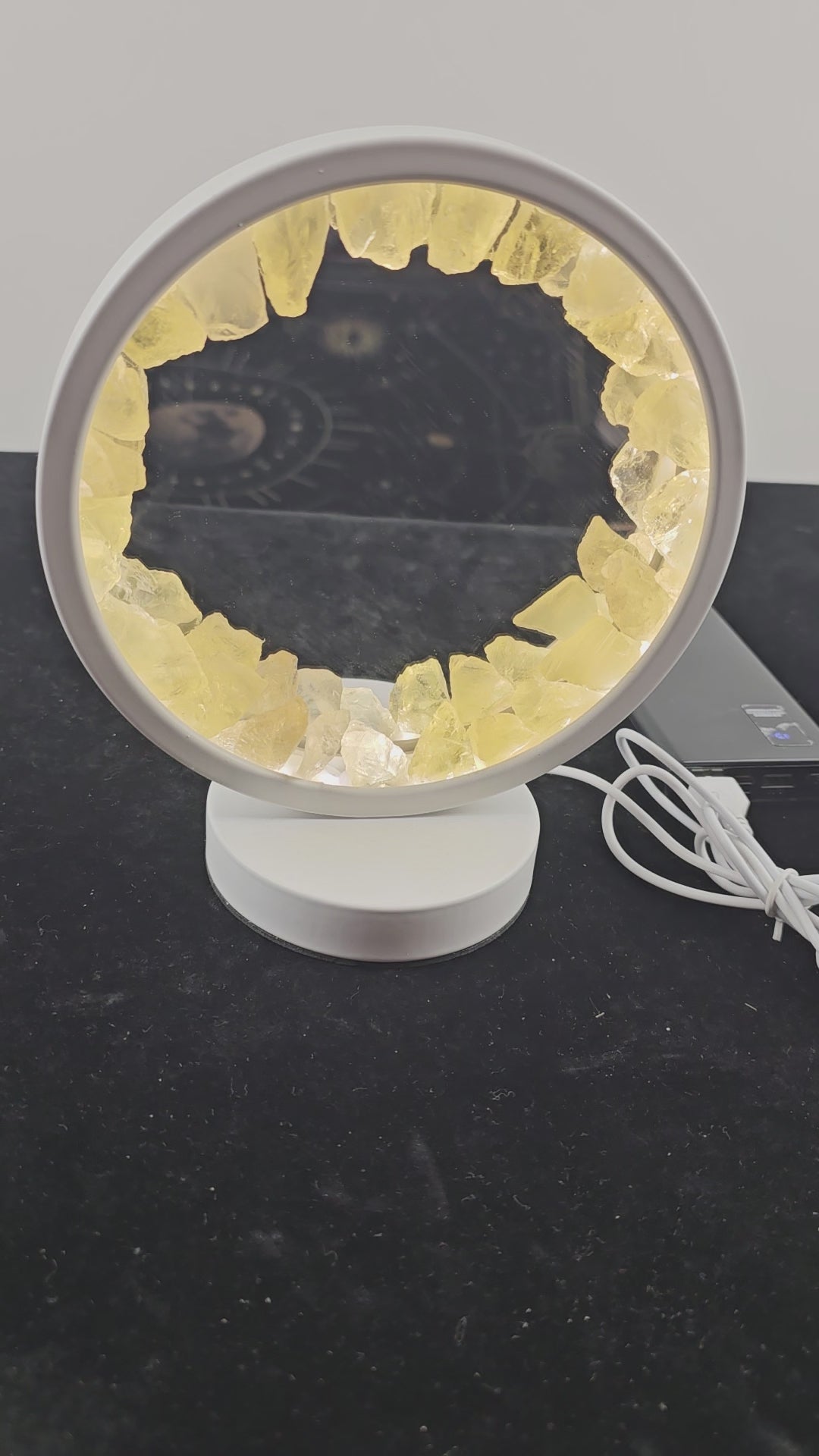 Golden Citrine Mirror with Crystal Frame – Spiritual Décor & Meditation; Positive Energy & Feng Shui Home Accent