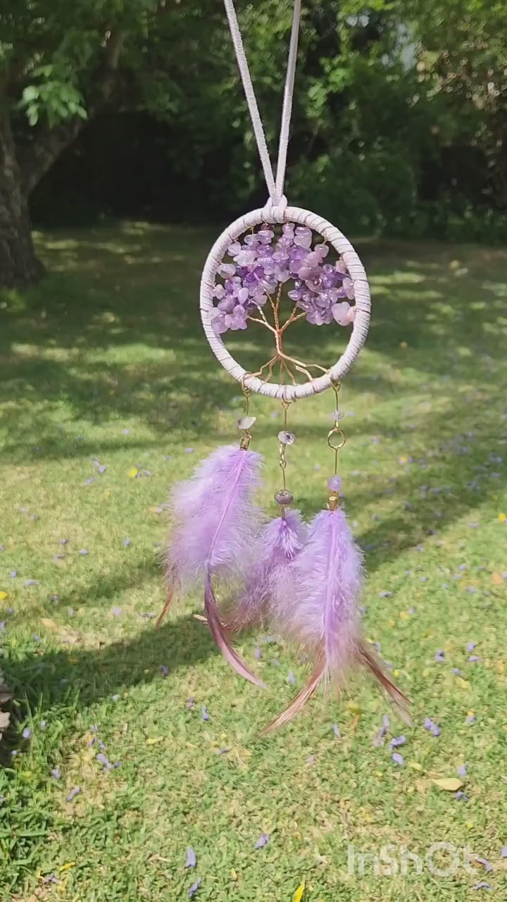 Amethyst Tree Dreamcatcher — Handmade Purple Gemstone Tree of Life Wall Hanging, Spiritual Protection, Healing Crystal Decor