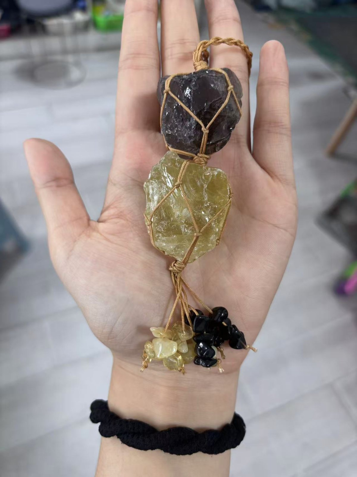 Golden Flow Charm – Raw Citrine and Smoky Quartz Crystal Knot