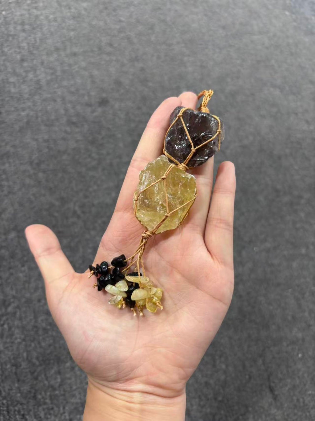 Golden Flow Charm – Raw Citrine and Smoky Quartz Crystal Knot